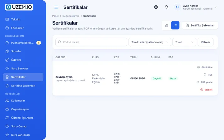Sertifika şablonları