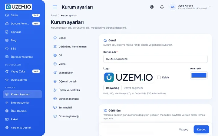 Kurum ve marka ayarları
