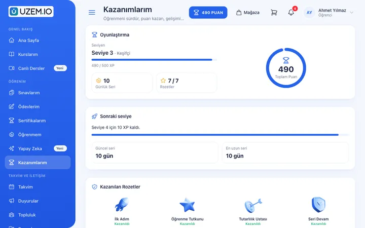 Learner's achievements: points, level and badges