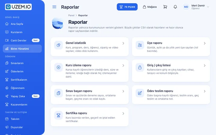 Unit manager's report screen